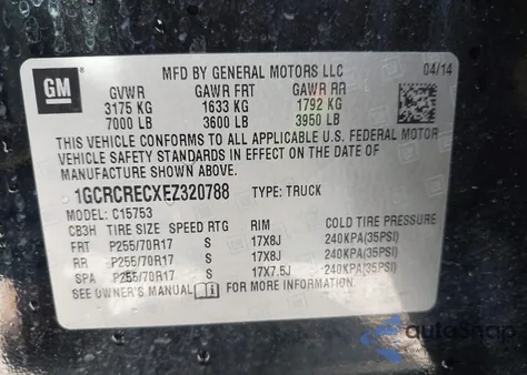 2014 Chevrolet Silverado 1500 1Lt z USA, uszkodzony, nr VIN 1GCRCRECXEZ320788